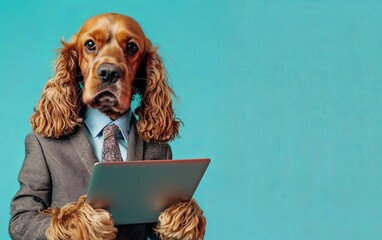 Fototapete - English cocker spaniel dog in suit holding a tablet while working on bright pastel background. advertisement. presentation. commercial. editorial. copy text space.