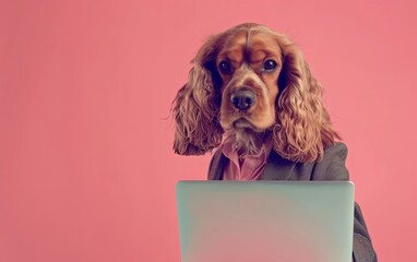Fototapete - English cocker spaniel dog in suit using a laptop while working on bright pastel background. advertisement. presentation. commercial. editorial. copy text space.