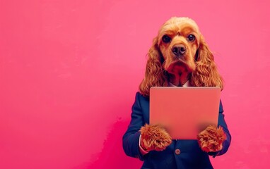 Fototapete - English cocker spaniel dog in suit holding a tablet while working on bright pastel background. advertisement. presentation. commercial. editorial. copy text space.