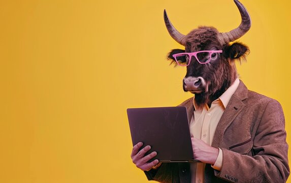 Buffalo in suit holding a laptop while working on bright pastel background. advertisement. presentation. commercial. editorial. copy text space.
