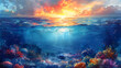 Captivating Half Underwater Seascape and Sky with Landscape in Watercolor Painting, Beauty of Coral, Marine Life, Explore the Connection of Sea and land, Nature Enthusiasts and Artistic Decoration.
