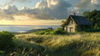 Beautiful summer landscape with a house on a meadow in front of the sea