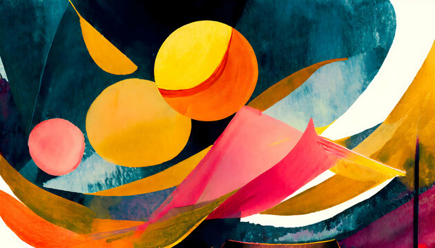 Abstract Colorful and Dynamic Composition with Fun and Entertaining Elements, acrylic on digital art concept.