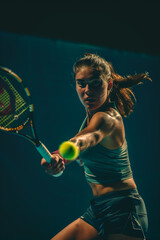 Intense female tennis player in action with focused gaze on dark background