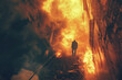 A man trapped in a burning building, looking for a way out, with smoke and flames everywhere