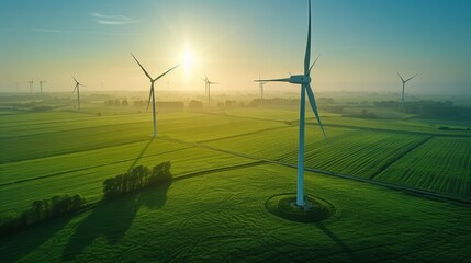 Sunrise Over Green Wind Turbine Field