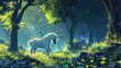 A fantasy scene depicting a paper cut unicorn in a magical forest clearing