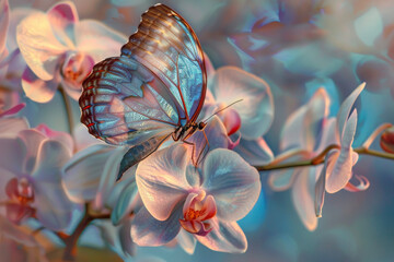 Wall Mural - A butterfly perched on an orchid, its iridescent wings contrasting against the flowers soft hues