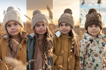 Wall Mural - A collage of four images showing a young girl in different seasons and outfits