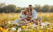 family picnic in a blooming meadow