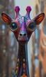 brightly colored giraffe statue city background windigo closeup face anthropomorphic deer depicted