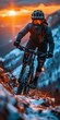 mountain biker riding trail mountains sunset snow body transparent puffer jacket rise adventurer reg strong aggressive cobblestones