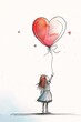 drawing girl holding heart shaped balloon attached reaching towards heavens stunning store deep color pen red ribbon empathic