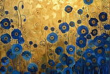 Blue Flowers Swirly Stems Swirl Standing Gold Foil Poppies Radiate Connection Arts Defense