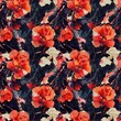 abstract poppy background, seamless pattern, red watercolor flowers on a dark marble background, for fabric and printed products design