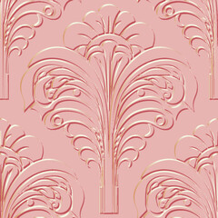 Wall Mural - 3d emboss pink Vintage art nouveau floral seamless pattern. Vector ornamental old style textured surface background with embossed vintage flowers, leaves, ornaments. Relief grunge endless texture