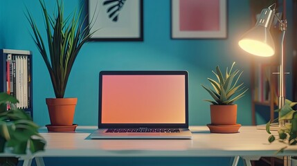 Wall Mural - Front view of modern office laptop with plant in a pot interior room. Mockup for product presentation. invite. copy space.	