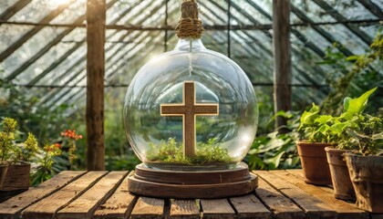 Wall Mural - greenhouse in the garden with cross or flower in a greenhouse and in cross