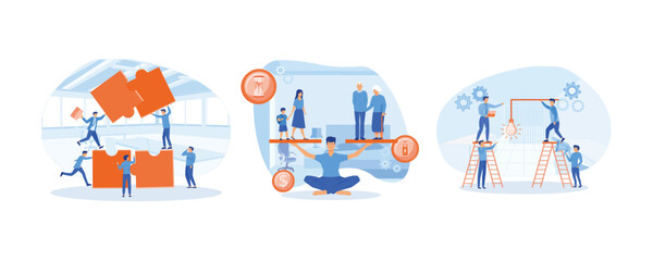 Poster - symbol of teamwork, cooperation, partnership. good balance between idea, time and work. businessmen 