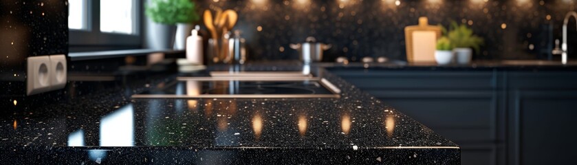 Wall Mural - sleek black granite surface with sparkling quartz details backgroud, high gloss finish