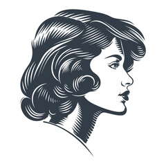 Wall Mural - Retro 80s Girl side face, Vintage woodcut engraving style vector.