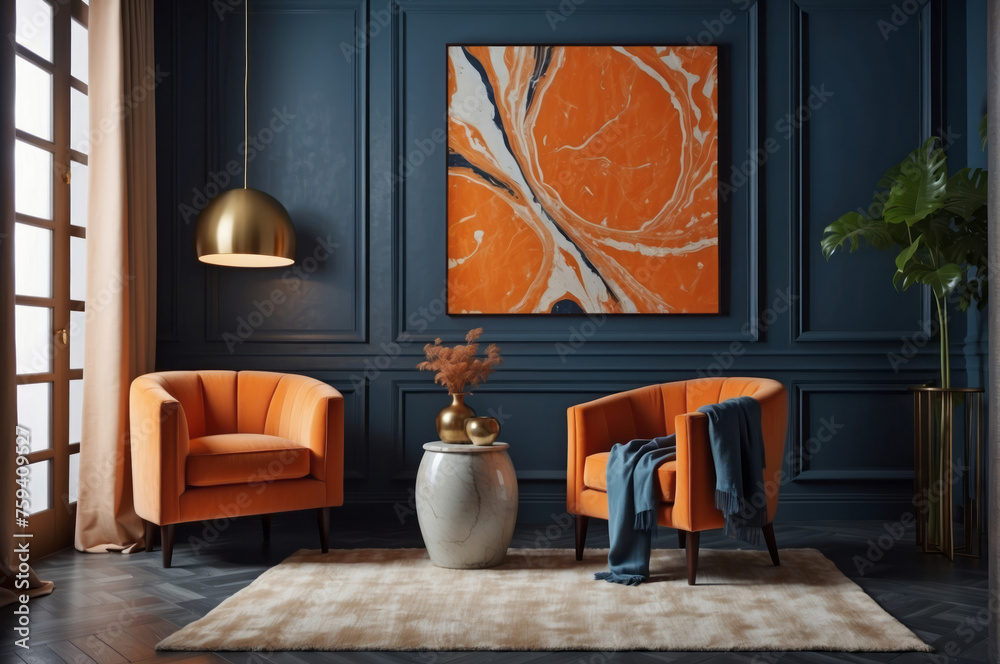 Orange sofa and armchair against dark blue classic wall with marbling ...