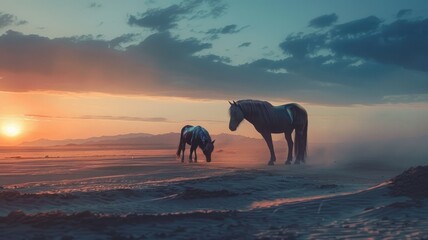 Wall Mural - Horses roaming freely during breathtaking sunset - Majestic horses wander along the shoreline under a stunning sunset sky, evoking freedom and beauty