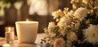 An alluring tableau featuring delicate flowers and a burning white candle, capturing the essence of peaceful and refined decor.