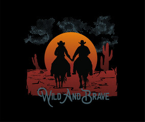 Wall Mural - retro western desert sunset vector design, cowboy couple in desert vector artwork for t shirt, sticker, graphic print, cowboy with cowgirl in cactus desert, 