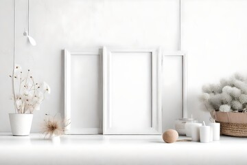 Poster - Mockup poster frame close up and accessories decor in cozy white interior background