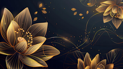 Wall Mural - Luxurious background design with golden lotus. Lotus flowers line arts design for wallpaper, natural wall arts, banner, prints, invitation and packaging design. vector illustration.