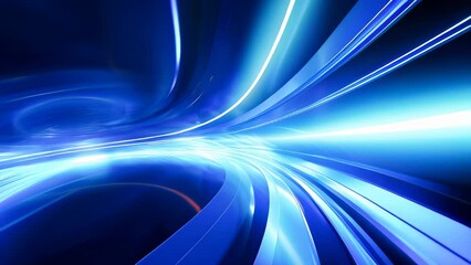 Poster - A blue abstract space with curved light beams in it. Futuristic technology concept.