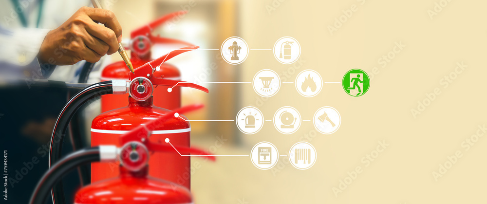 Fire Testing Machine Icon Fire extinguisher has engineer checking with fire protection icons ...