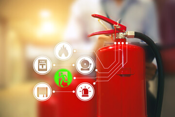 Wall Mural - Fire extinguisher has engineer checking with fire protection icons symbol to prepare fire equipment for prevention in emergency case and safety or rescue and alarm system training concept.