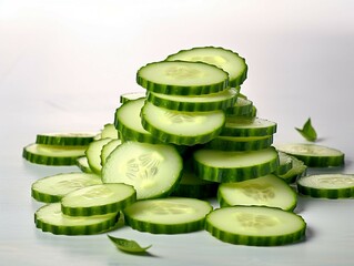 Poster - sliced cucumber on a white wooden table, top view