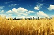 Picturesque golden rye field with vibrant crops, contrasting against the breathtaking city skyline