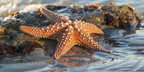 Wall Mural - beautiful starfish, resting on the rocks of an ocean beach, generative AI