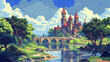 Medieval castle on the grass landscape with blue sky , pixel art  , 16 bit art , game art