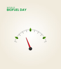 World biofuel day, car speed meter with green leaf, save environment save world. design for social media banner, poster 3D Illustration.