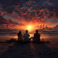 Wall Mural - A group of friends watching a sunset on the beach.