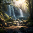 A serene waterfall in a peaceful forest.
