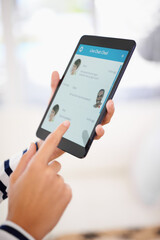 Poster - Tablet, screen and hands with chat app for communication, texting and contact or date online. Person typing on digital technology at home with message for ui and internet, reading and social media