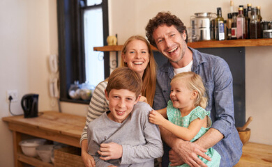 Sticker - Family, portrait and hug in kitchen with happiness, love and security at home for bonding. Mother, father and children with laughter and playful together, people with smile and support with trust