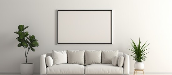 Sticker - An interior design with a white couch as the main furniture piece, a picture frame on the grey wall, and rectangleshaped flooring