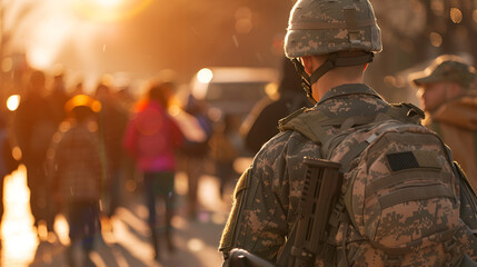 Silhouette of America soldiers with copy space 