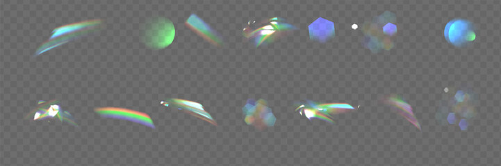 Canvas Print - Iridescent crystal leak glare reflection effect. Optical rainbow lights, glare, leak, streak overlay. falling confetti.