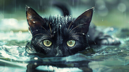 Wall Mural - Adorable black cat swimming in water.  Brave pet. Funny unhappy wet face of kitten