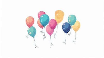 Wall Mural - A set of balloons flying up with festive decorations floating in the air. A bunch of decorative helium ballons on strings. Birthday party decoration. Cartoon illustrations isolated on white.