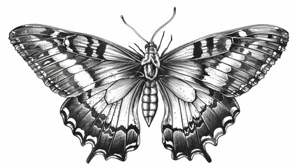 Wall Mural - Ink drawing of a butterfly. Hand-drawn outline of a tropical moth. Alpine black swallowtail illustration isolated on a white background.