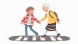 Young boy helping grandmother cross street modern illustration. Well mannered child offering assistance to elderly woman. Smiling boy and elderly female cross street together.